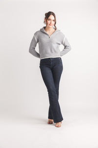 Extended Sleeve Half Zip Sweater with Contrast Trim