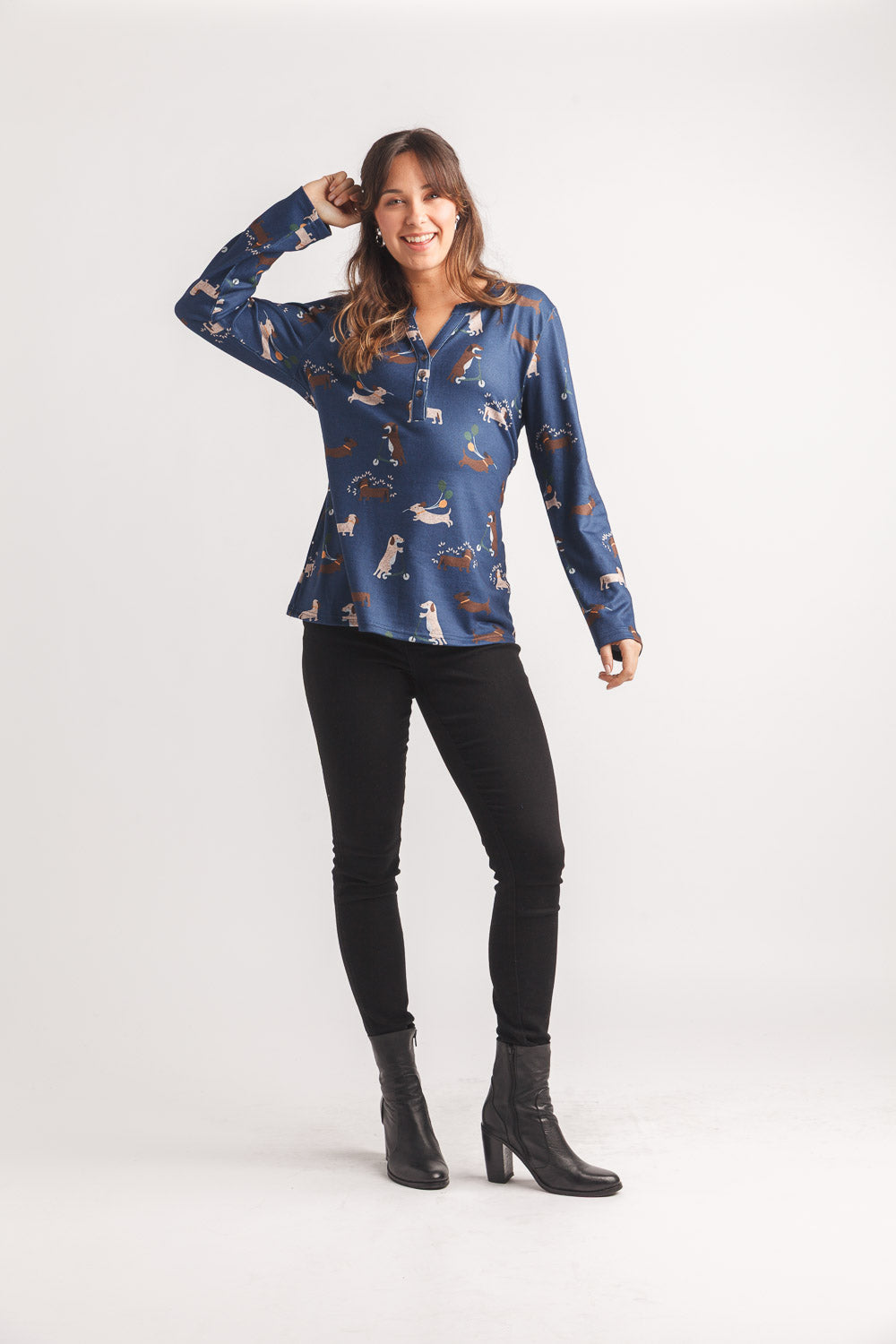 Dog Printed Lightweight Henley Sweater