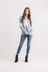 Daisy Floral Intarsia Step Hem Sweater