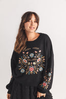 Floral Embroidered Sweater with Balloon Sleeves