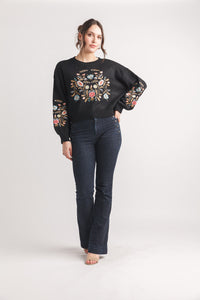 Floral Embroidered Sweater with Balloon Sleeves