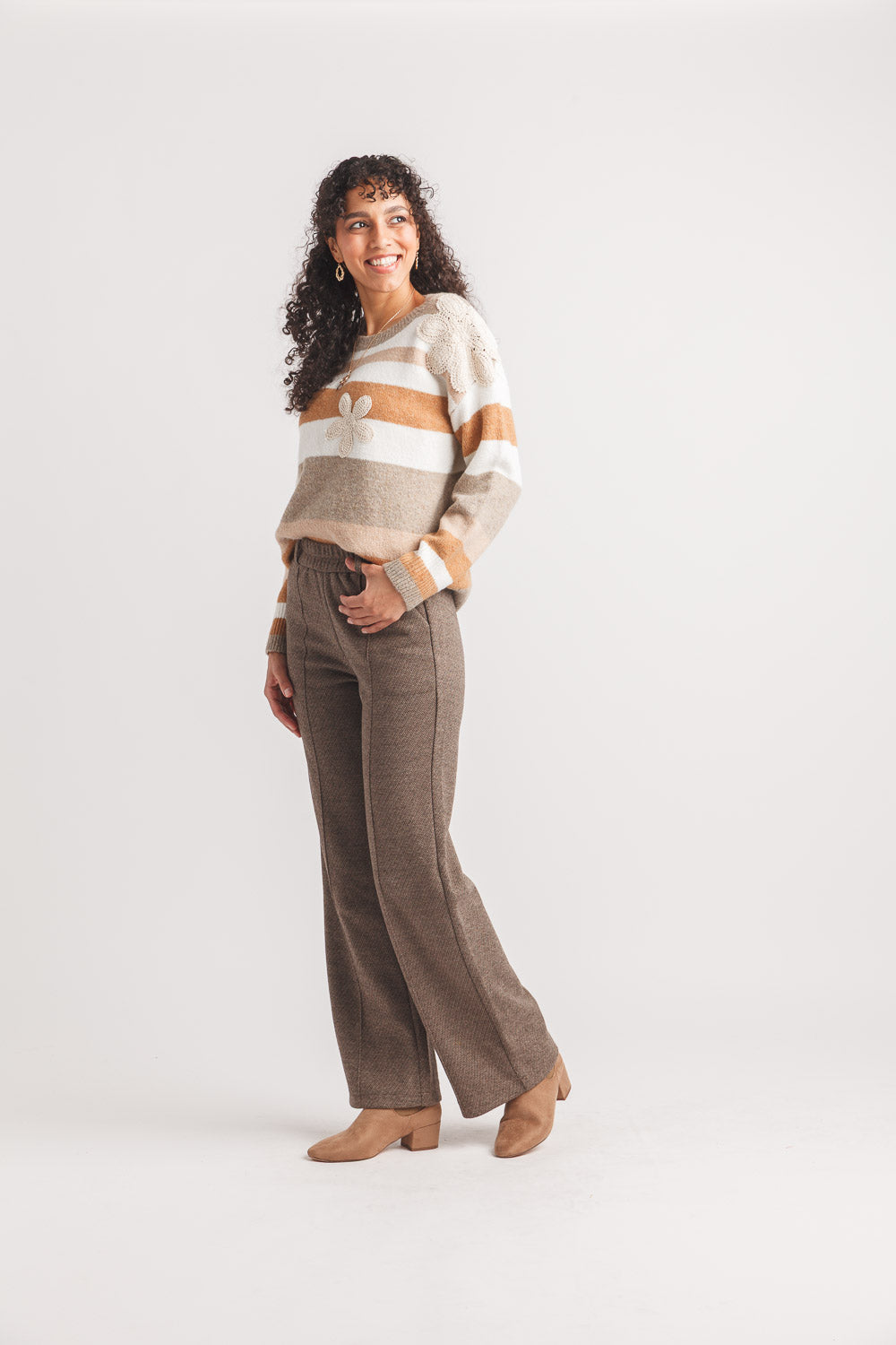 Striped Sweater With Crochet Floral Appliques