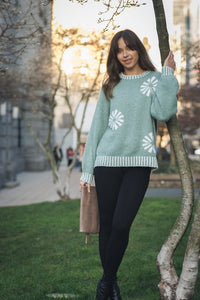 Floral Knit Balloon Sleeve Sweater with Contrast Trim