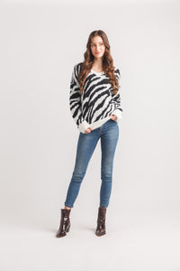 Zebra Knit V Neck Sweater