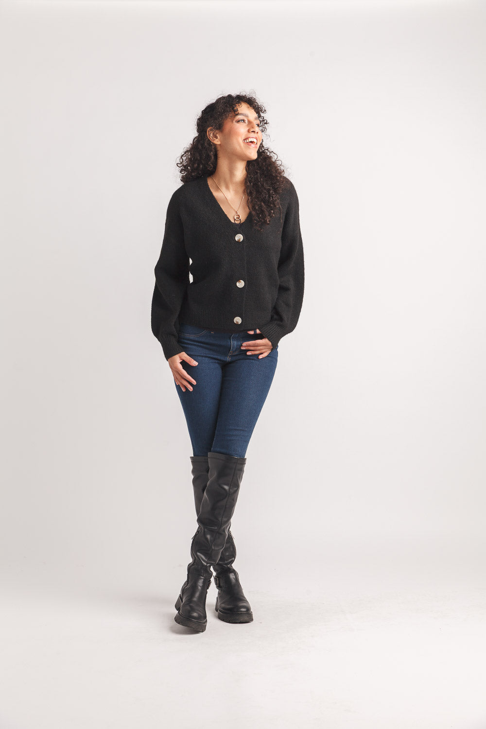 Knit Baloon Sleeve Button Front Cardigan