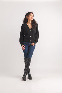 Knit Baloon Sleeve Button Front Cardigan