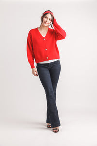 Knit Baloon Sleeve Button Front Cardigan