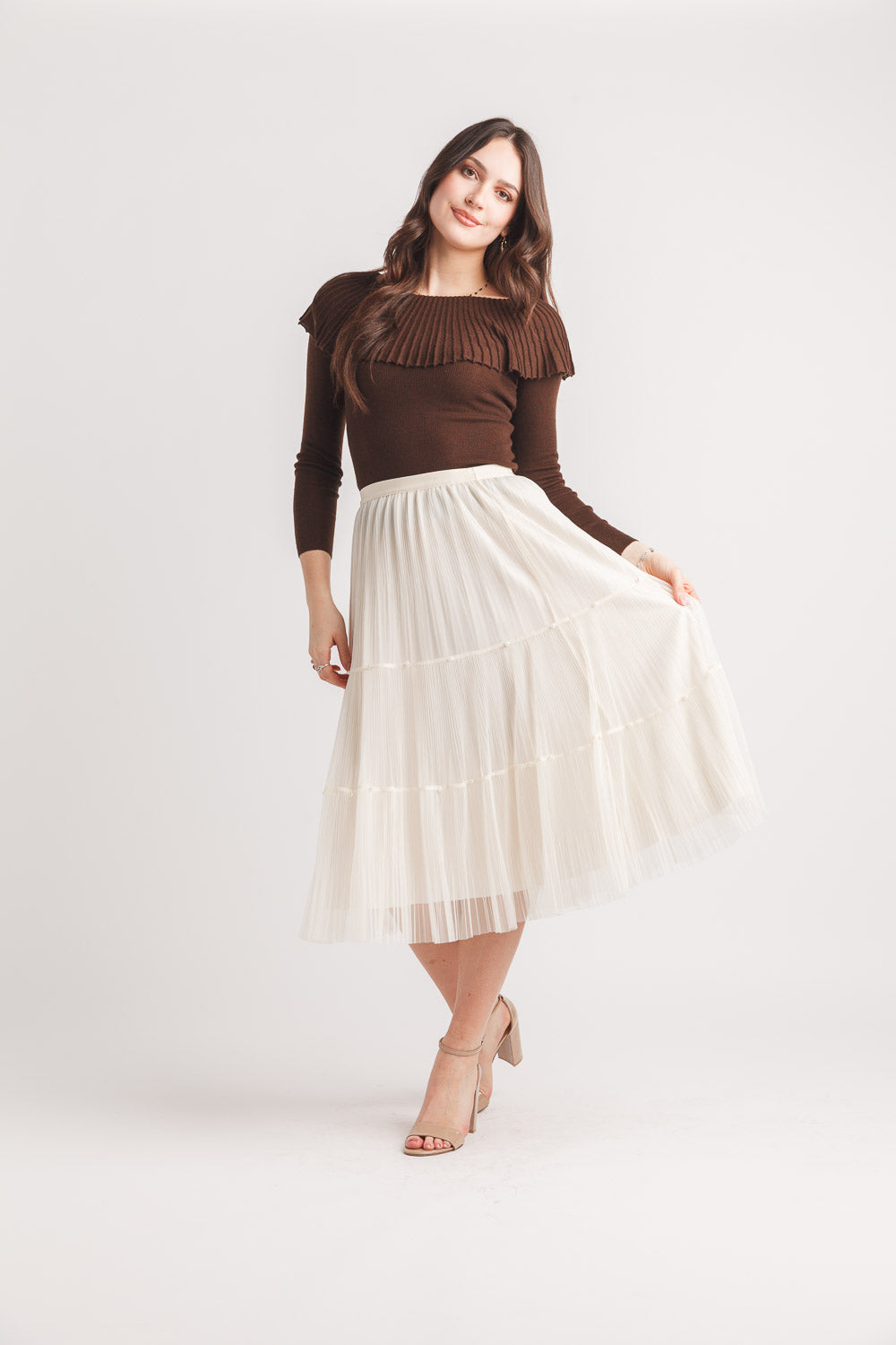 Boat Neck Sweater With Pleated Neckline