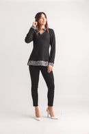 V Neck Ribbed Sweater With Leopard Fooler Trim