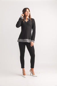 V Neck Ribbed Sweater With Leopard Fooler Trim
