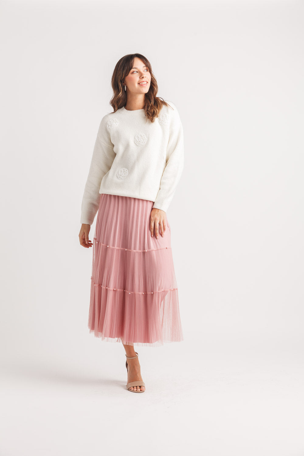 TIERED PLEATED TULLE SKIRT WITH PEARL DETAILS